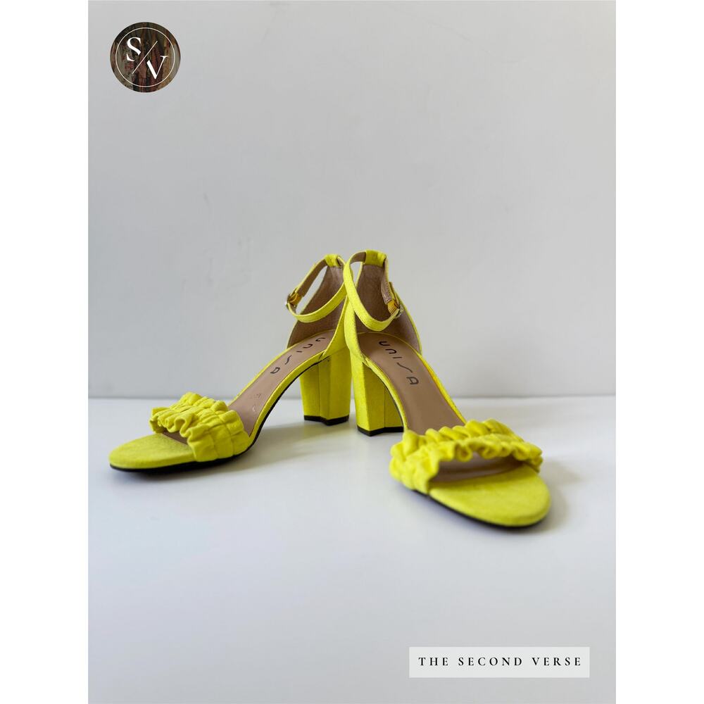Unisa Diara Suede Strap Ruffle Block Heels Bright Yellow Size 9
